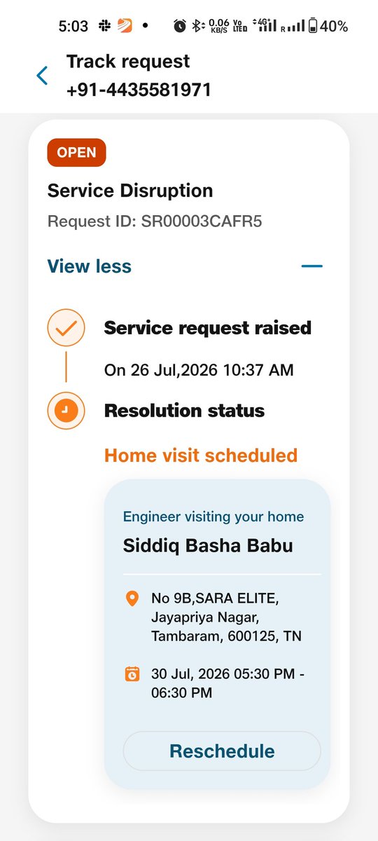 prabhusince89's tweet photo. @reliancejio See, now an engineer visit is scheduled on 30th, do customers need to wait for 5 days to fix the wire cut issue? disappointed. https://t.co/wUfiyg37lo