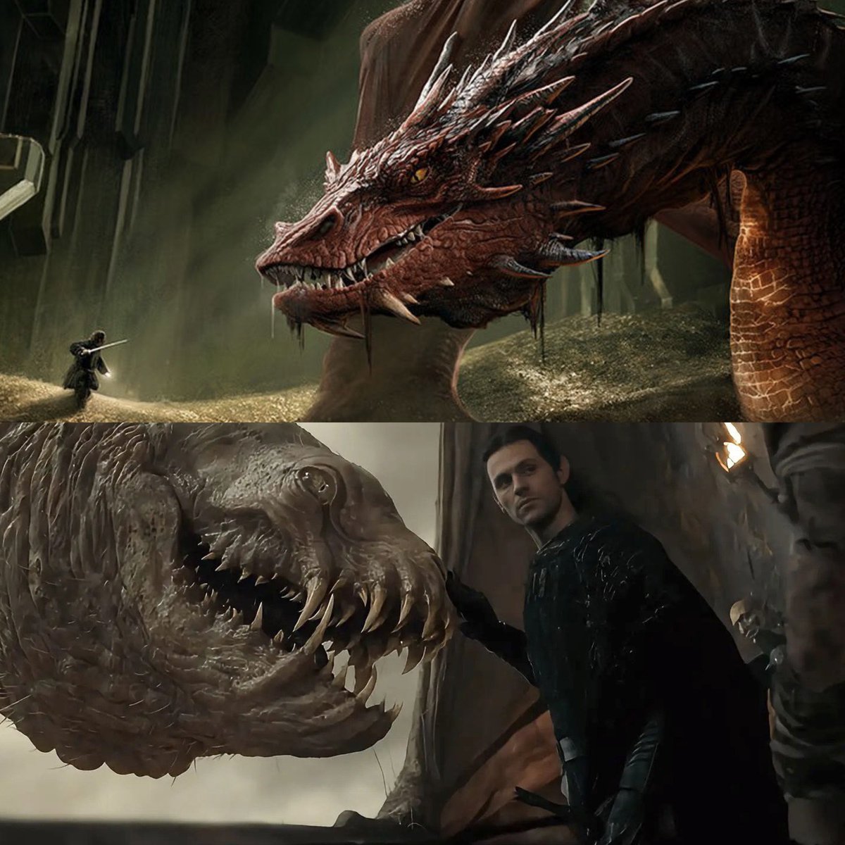 ToIkienverse's tweet photo. Hay gente quejándose y diciendo que los “dragones” de Los Anillos de Poder se ven muy mal comparados con los de La Casa del Dragón. 

Esto no es un dragón, es una bestia alada y en la trilogía original ya se veían así. Un dragón sería Smaug en la trilogía del Hobbit y en su día ya se veía espectacular. 

Si vais a criticar algo, al menos informaros.