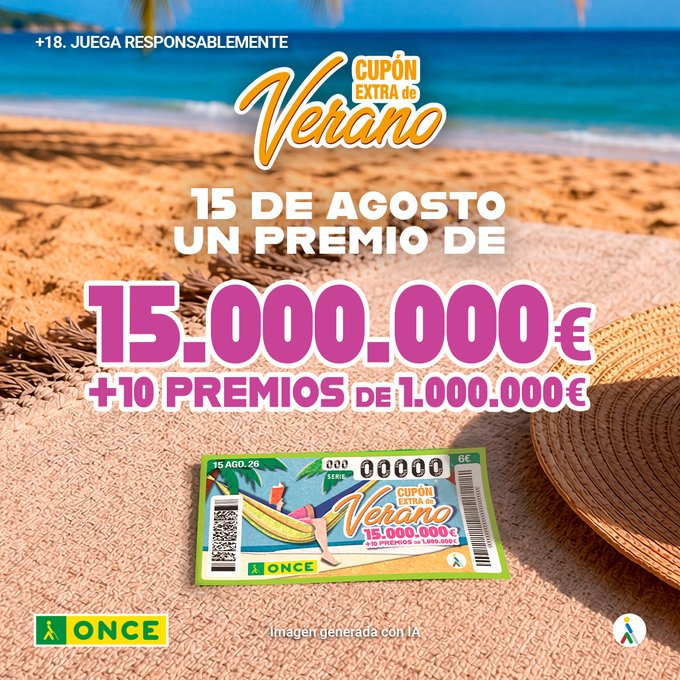 ONCE_oficial's tweet photo. El Cupón #ExtraDeVerano de la ONCE 2026 repartirá un premio de ... 

¡15 MILLONES DE EUROS!

Toda la información clave sobre el sorteo especial de verano de la ONCE: fecha de celebración, premios en juego y cómo participar en el Cupón Extra de Verano 2026 en este enlace👇
https://t.co/N2Q7QSneqh 

#CupONCE @JuegosONCE #BienJugado