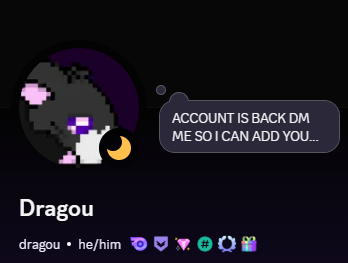 Dragookie's tweet photo. I GOT MY DISCORD AGAIN

Add me again/DM Me I lost everyone :C

This is me :D https://t.co/cnAAcYnJvU