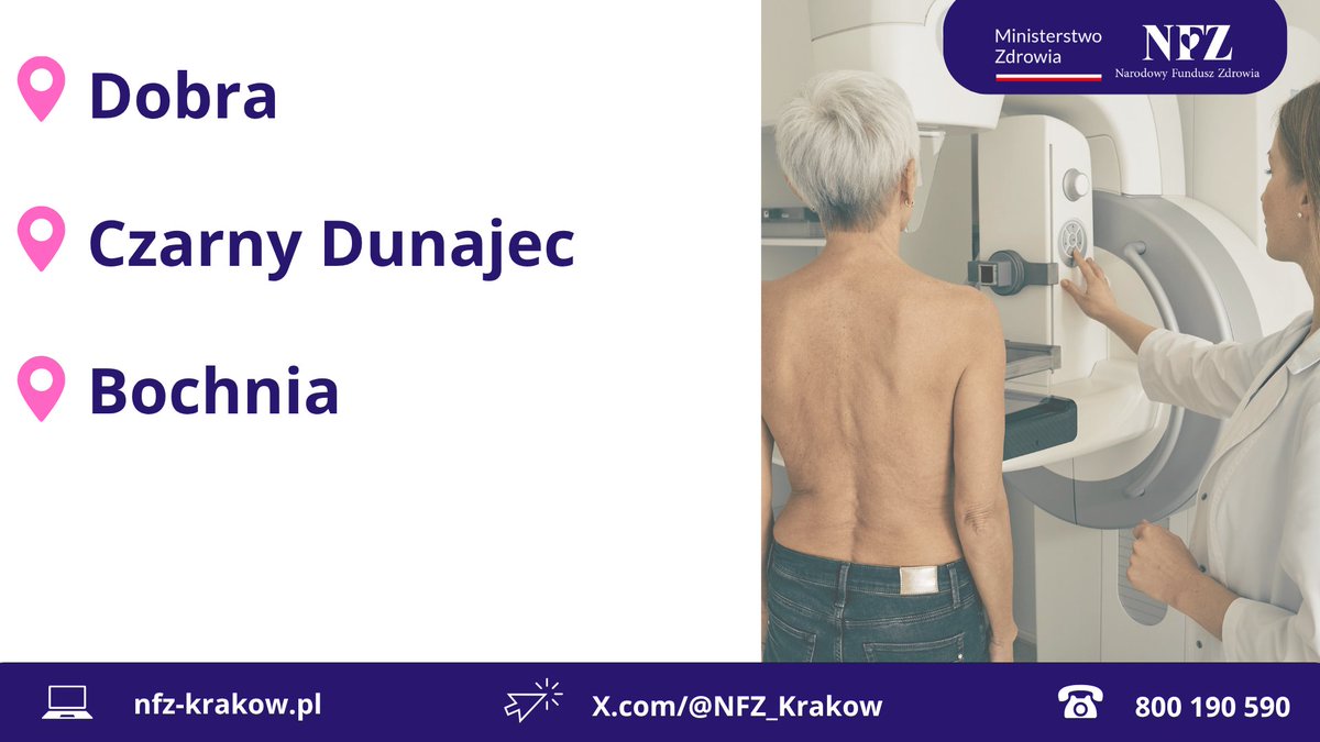 NFZ_Krakow's tweet photo. 👩👱♀️ Masz 45-74 lata?
🎀 Regularnie badaj piersi w programie profilaktycznym @NFZ_GOV_PL i miej pewność, że jesteś zdrowa ❣️
W pracowni stacjonarnej lub mammobusie.
🗺️ Dziś #mammobus w:
#Dobra,
#CzarnyDunajec,
#Bochnia.
ℹ️https://t.co/1f3azkJpEx https://t.co/TL4eLd9AXG