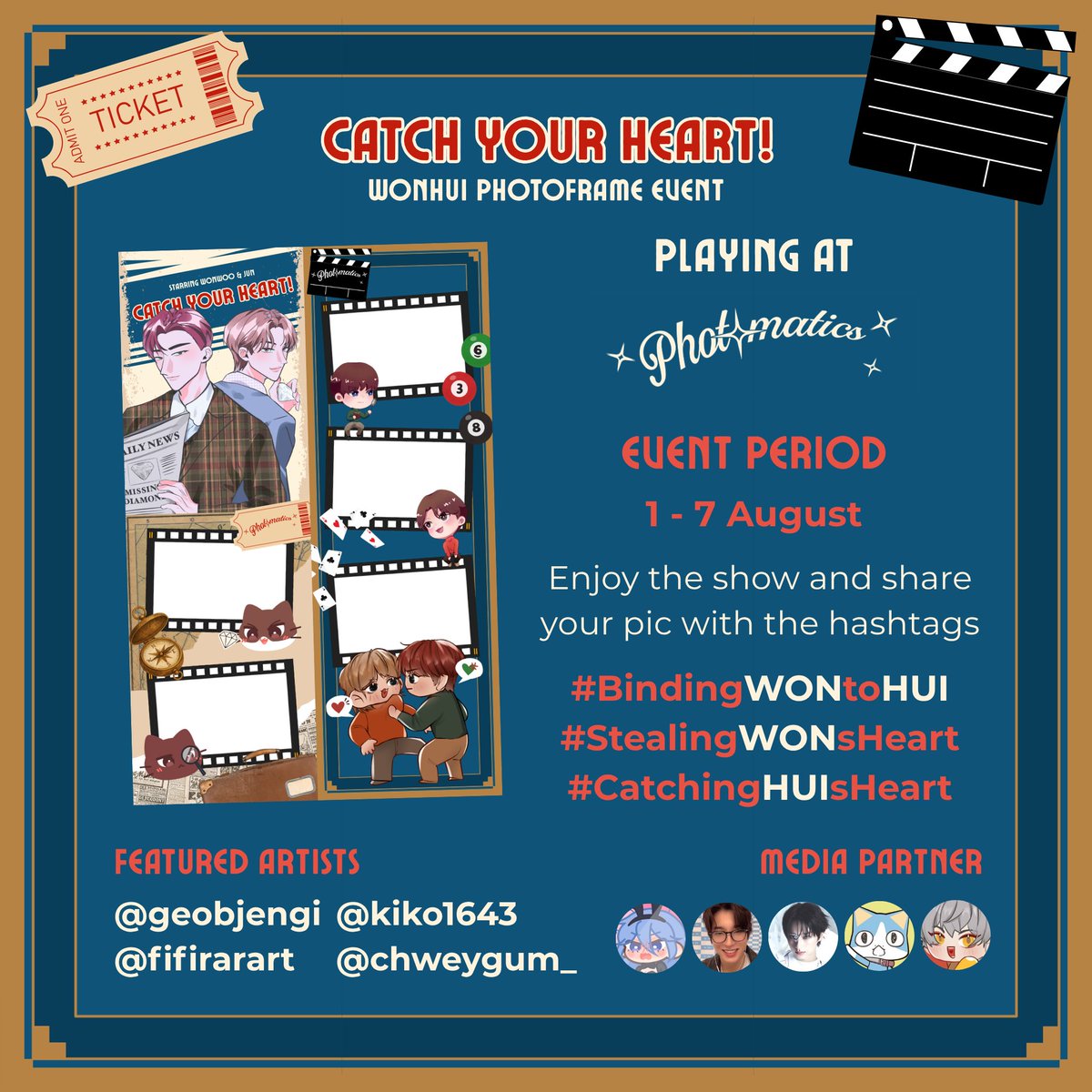 Fifirarart's tweet photo. 🎞️ Catch Your Heart! 🎞️
A Wonhui Photoframe Event

📅 : 1 - 7 Aug 2026
📸 : @photomaticsid 
📍 : (branch on 2nd - 4th images)

Enjoy the show and share your pic with the hashtags
#BindingWONtoHUI #StealingWONsHeart #CatchingHUIsHeart ❤️❤️ https://t.co/Lfy2shm8Nt