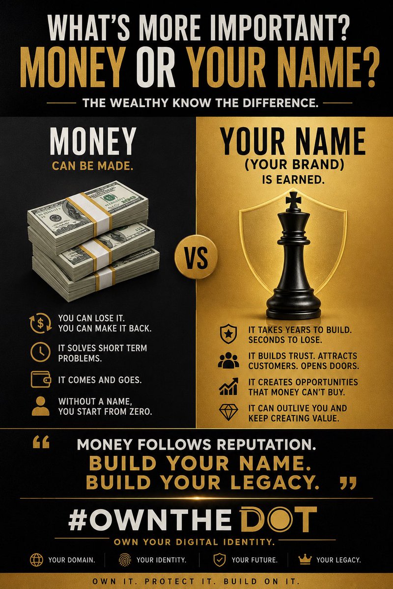 OwnTheDot's tweet photo. The wealthiest people know something many overlook:

💰 Money comes and goes.
A trusted name creates opportunities that money alone never can.

$hns | Your digital name is part of your reputation. Own it before someone else does.

Your domain isn’t just a website.
It’s your identity, your brand, and your legacy.

#OwnTheDot #DigitalIdentity #BrandProtection #Domains #OnlineBrand