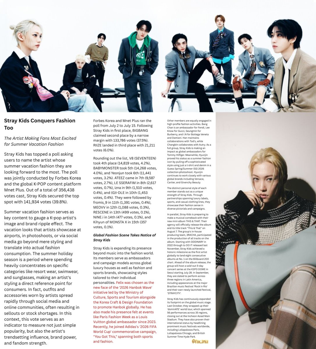 FLX_INTL's tweet photo. 📰 Forbes Korea mentions #FELIX in an article detailing Stray Kids' recent victory in a global fashion poll. It highlights their extensive influence across the international fashion industry. The article focuses heavily on individual member achievements, highlighting Felix for his prominent cross-industry fashion partnerships. 

❝ Felix was chosen as the new face of the '2026 Hanbok Wave' initiative led by the Ministry of Culture, Sports and Tourism alongside the Korea Craft & Design Foundation to promote Hanbok globally. He has also made his presence felt at events like Paris Fashion Week as a Louis Vuitton global ambassador since 2023. Recently, he joined Adidas '2026 FIFA World Cup' commemorative campaign "You Got This," spanning both sports and fashion. ❞ 

#필릭스 #스트레이키즈필릭스 #StrayKids @Stray_Kids