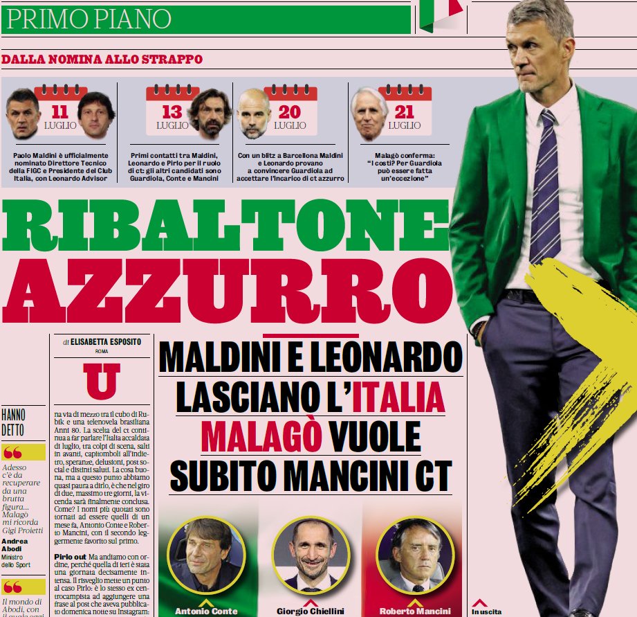 Guillaumemp's tweet photo. Gazzetta : Paolo Maldini et Leonardo quittent donc la FIGC après seulement 16 jours en poste. Giorgio Chiellini est désormais en pole pour le poste de directeur technique, Conte est le profil souhaité par les clubs de Serie A pour le banc. Giovanni Malagò pousse lui pour Roberto Mancini.