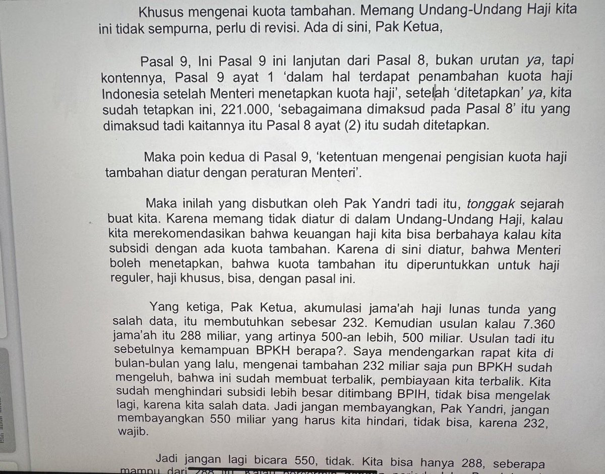 MellisA_An's tweet photo. KPK menyebutkan dalam prescon bahwa thn 2023 Gus yaqut melanggar kesepakatan awal dgn DPR yg meminta kuota tambahan sebanyak 8000 itu diberikan kpd haji khusus semua. Gus yaqut disalahkan krn akhirnya membagi dgn skema 92:8. Mrk menyebutkan bahkan membagi 92:8 itupun salah.
Padahal jelas-jelas dalam notulensi rapat bersama komisi 8 tsb justru komisi 8 yang menginginkan 8000 kuota tambahan diberikan sepenuhnha kepada haji khusus. Dan gus yaqut lah yg meminta diberikan kpd haji reguler krn pasca covid jamaah lansia sdh banyak dan 8000 kuota tambahan itu masih bisa diakomodir. Tapi lagi-lagi narasi dipaksakan. Fakta diputar balik. Prescon ini disiarkan scr umum dgn narasi yg bs dibantah dgn data dan fakta. Apakah spt ini asas praduga tak bersalah itu?