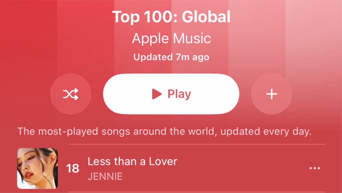 GENIUS9N's tweet photo. Less than a Lover has reached a new peak of #18 (5+) on Apple Music Global Chart. 

#LessthanaLover #JENNIE #제니 https://t.co/S1lntu5nga