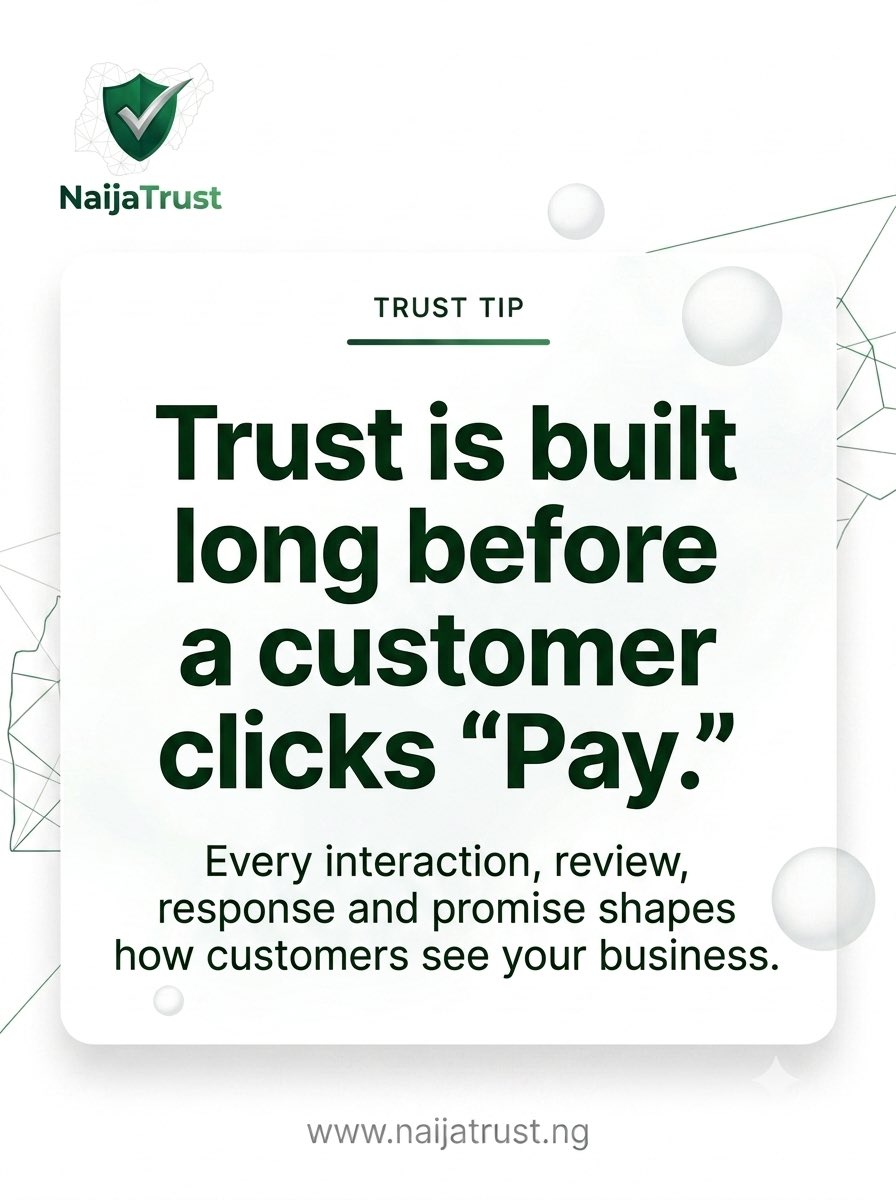 NaijaTrust's tweet photo. Every Interaction, review, responses, and promise shapes how customers see your business.
Register on NaijaTrust, The No 1 Review and Trust platform and start getting the review and trust your business deserves
Click link in bio to register👌
#happynewweek #businessowners https://t.co/jOFVrMeMg9