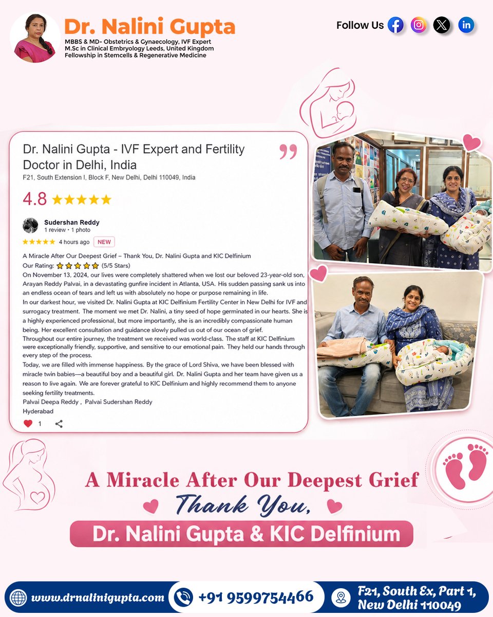 Dr_NaliniGupta's tweet photo. ✨ From heartbreak to hope, and from hope to twin blessings. 👶💙💖
Every miracle begins with faith, expert care, and never giving up. ❤️
Thank you for trusting Dr. Nalini Gupta Fertility Care to be part of this beautiful journey. 🌸
#IVFSuccess #DrNaliniGupta #TwinBlessings https://t.co/tUwGBrZzWm