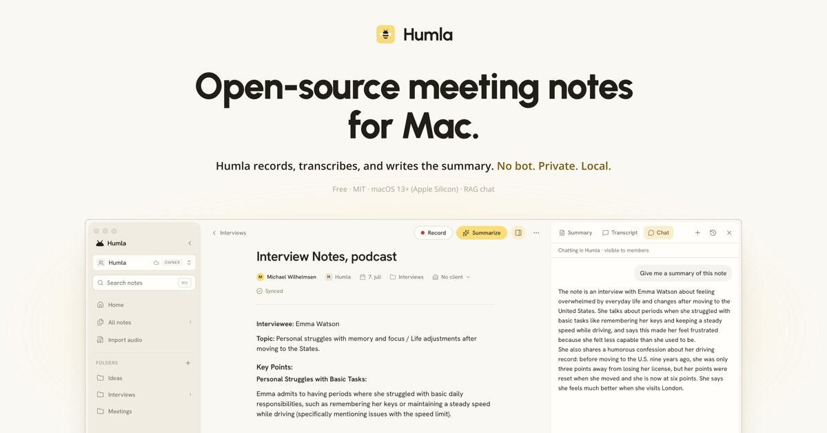 michaelmehlum's tweet photo. Humla 🐝 Free and local AI meeting notes Mac app, open source.