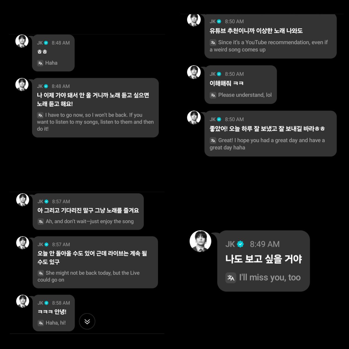 sucreyoongi's tweet photo. usually, streamers don't stop their stream right away when they're done. after saying goodbye, they put on outro music so it doesn't end too abruptly. i think this is what jungkook originally planned to do, but instead, he decided to leave us with a shuffled youtube playlist so the live could continue. even long after saying goodbye, he was still setting things up so we could have a good time. even after all that, he came back to tell us that, if we wanted, we could stay longer and enjoy some music together on his live.

saying goodbye to us each time he's started a live has always taken him time because he always wants to be with us as much as possible, even when he has things to do. i guess he found a way to stay with us despite not being able to continue himself. ah, being loved by jungkook is such a precious thing. i'll never take it for granted ❤️‍🩹
