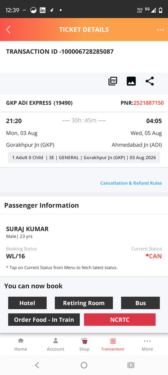 SkrTechtalk's tweet photo. @IRCTCofficial 
@RailMinIndia 
@RailwaySeva 
24 July ko cancel Kiya hu abhi tk refund nhi aaya https://t.co/rgBlkeQn6r