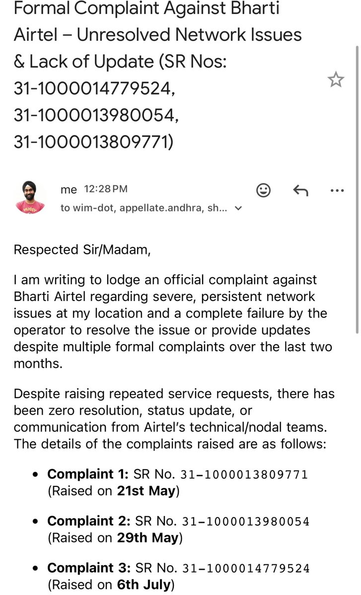 iHarshdeep90's tweet photo. @Airtel_Presence raised a formal complain to DOT. https://t.co/MfbzPsM3eO