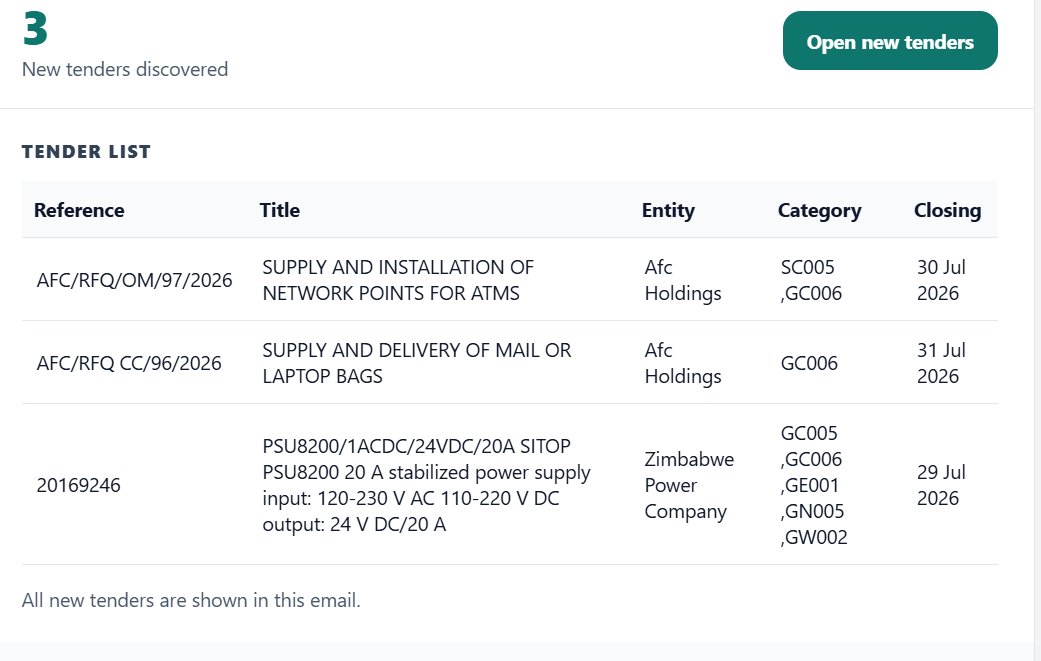 Manu_anesu's tweet photo. @mikeyny_zw @ZimDevelopers @Techzim @ZimTechComm Thank you. Yes, it "hunts" for tenders and sends you notifications for your preffered categories. Also has great features e.g you can assign tenders to your team and track progress. You can start with a free account - https://t.co/XeGASMyHhx https://t.co/kNWeW8eQu8