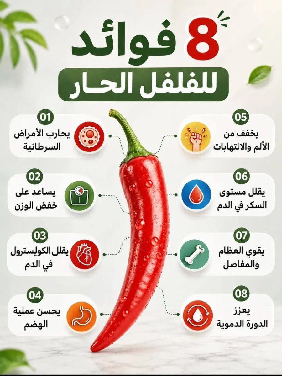 Oman8roup's tweet photo. 8 فوائد صحية للفلفل الحار 🌶️

#صحة https://t.co/tVnHhlyNmo