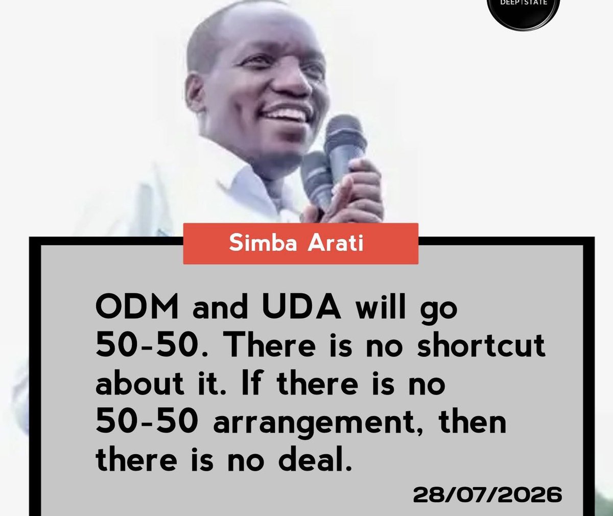 Naomikibandi's tweet photo. ODM and UDA will go 50-50. There is no shortcut about it. If there is no 50-50 arrangement, then there is no deal - Simba Arati. https://t.co/hRJqVEpPc9