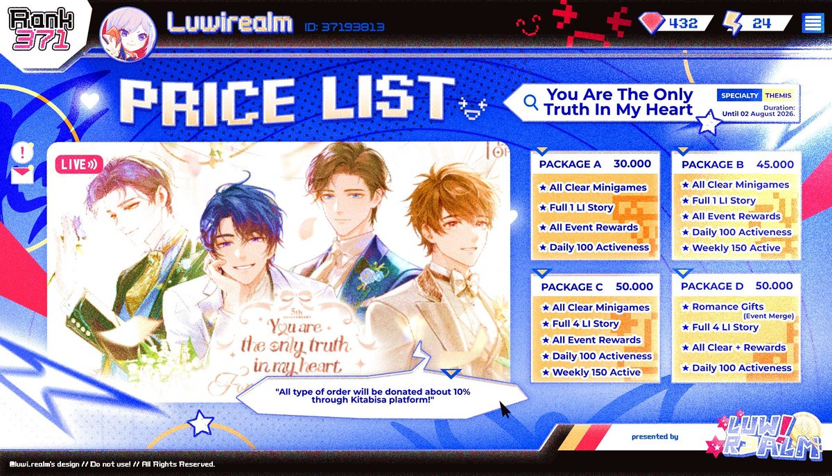 luwi_realm's tweet photo. halo, luwi open joki event ini ya~
(genshin) sunny summer fontinalia
(hsr) antigraft brickbuster
(themis) 5th anniversary wedding
event joget genshin estimasi 15k-20k all clear yupzzz
order silahkan ke tele/WA atau DM dan dijamin 100% trusted! 🫶
#bealanja #pilotservice https://t.co/OdIDmFipur