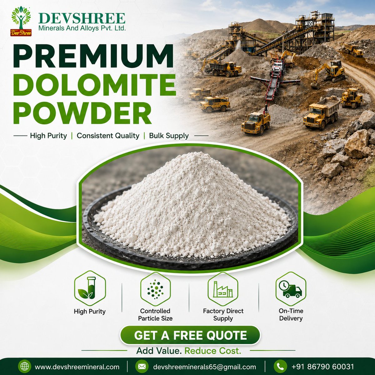 Devshree_mi's tweet photo. From mine to industry—premium quality Dolomite Powder for every application. 
 #DolomitePowder #IndustrialMinerals #Manufacturing #DevShreeMinerals https://t.co/lBovPyy2A8