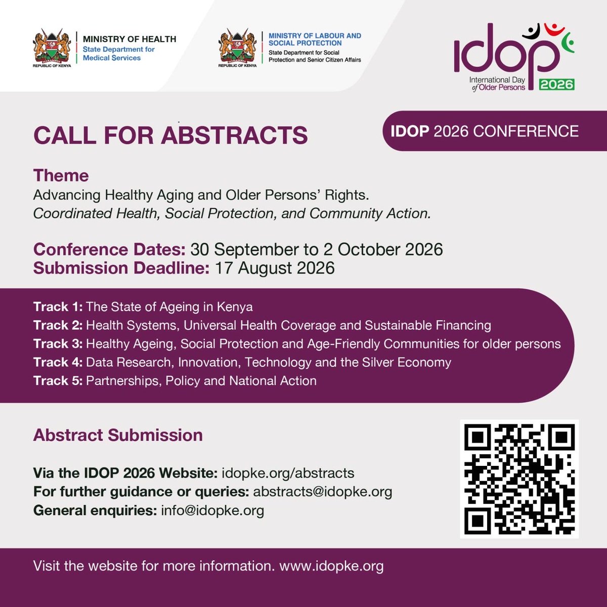IDOP_KE's tweet photo. The Call for Abstracts is OPEN for #IDOP2026 Conference

Theme: Advancing Healthy Aging &amp; Older Persons’ Rights

Submission Deadline: 17 Aug 2026

Conference: 30 Sept–2 Oct 2026

Submit : https://t.co/vfvGqfN6Dt

@MOHMedServices @SP_Kenya https://t.co/WYQdQc82mz
