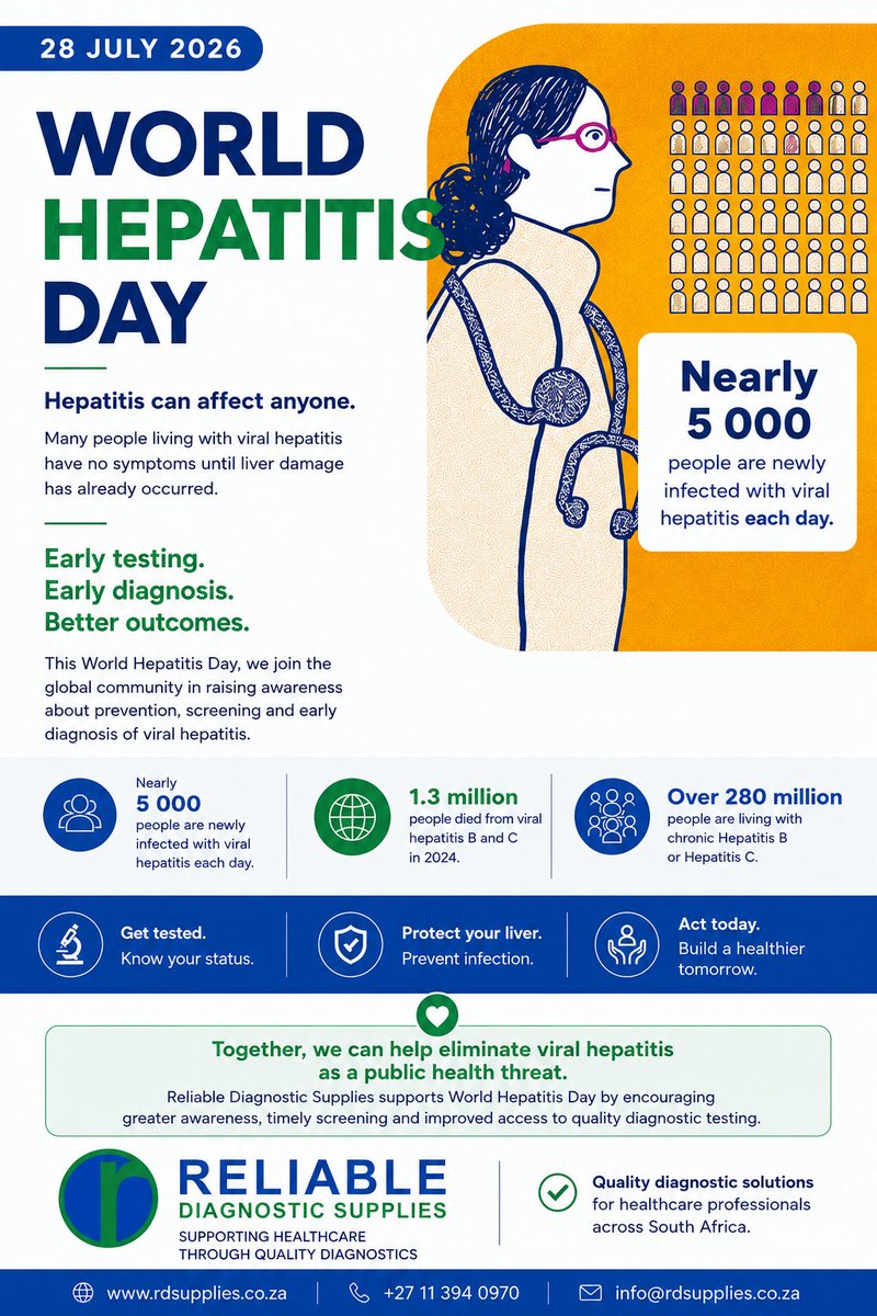 RDSmidrand's tweet photo. 🩺💚 Today is World Hepatitis Day.
Millions of people are living with viral hepatitis, often without knowing it.

Early testing can save lives. Together, let's raise awareness, encourage timely screening and work towards eliminating viral hepatitis.

#WorldHepatitisDay https://t.co/r6nQVzThjK