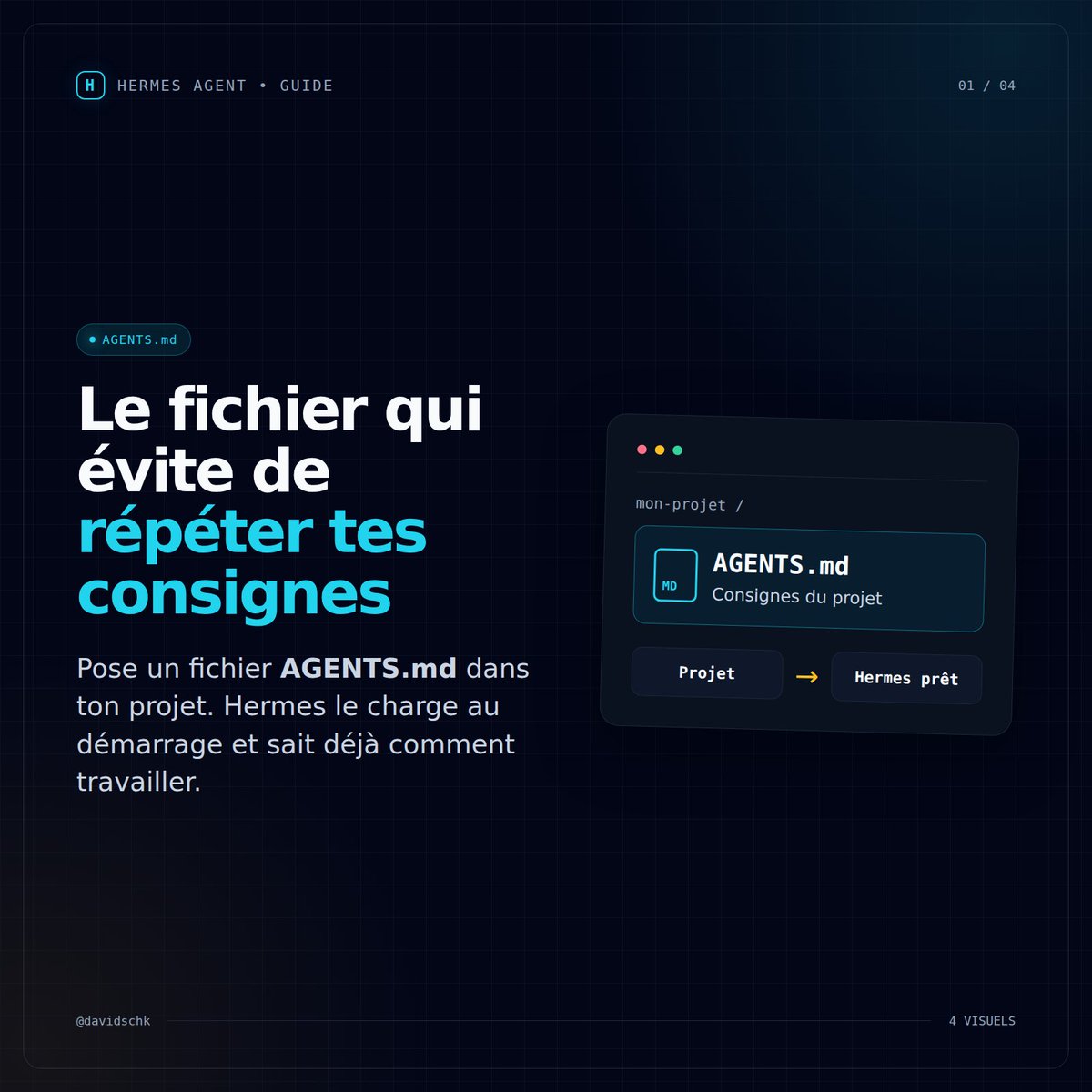 davidschk's tweet photo. La plupart des gens répètent les mêmes consignes à leur agent à chaque session. Moi, je les écris une fois dans un fichier AGENTS.md. Hermes le charge au démarrage. Je t'ai préparé le modèle exact à copier 👇 🧵 https://t.co/ua891uCimG