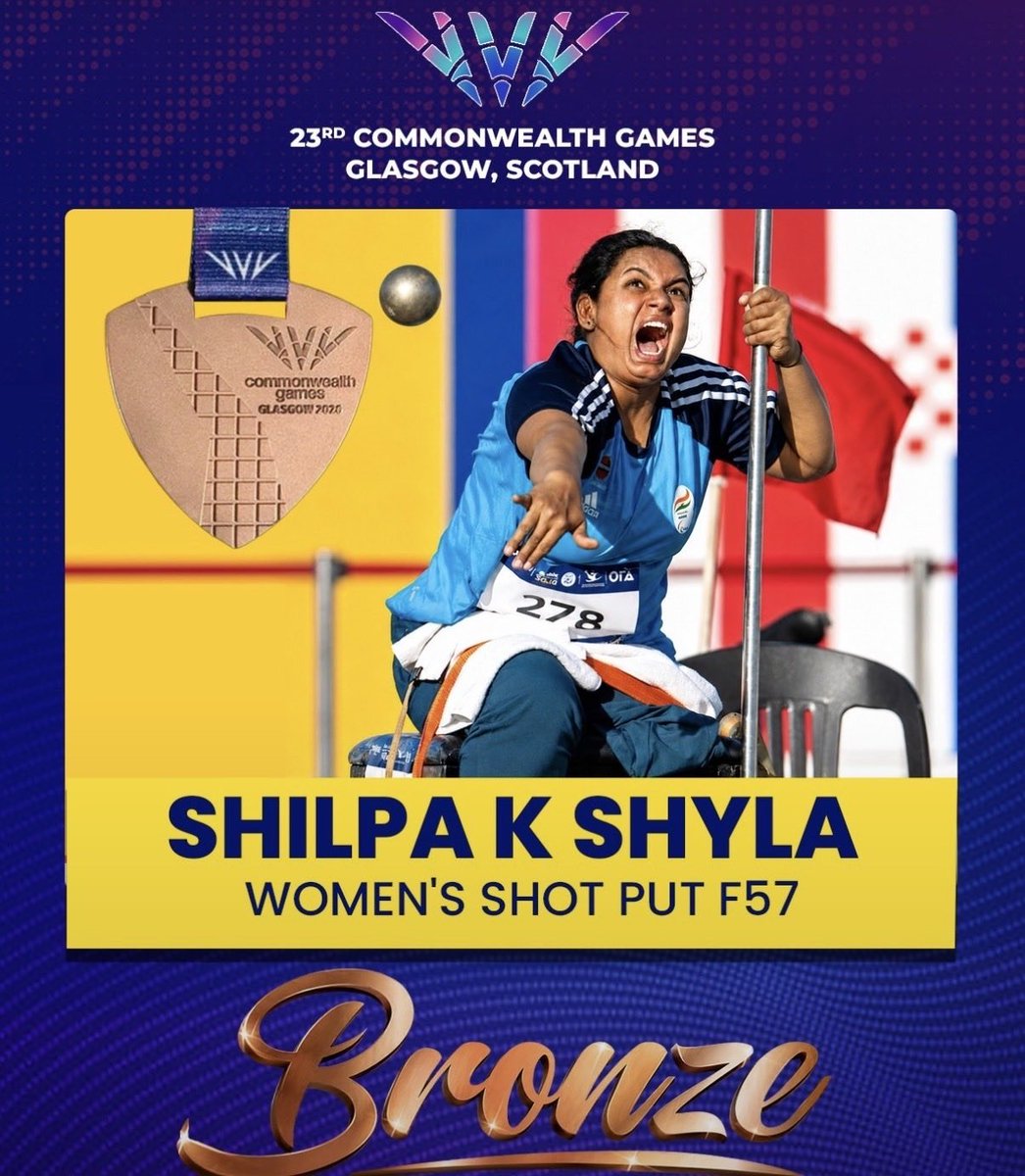JoshiPralhad's tweet photo. A proud moment for the nation!

Heartiest congratulations to Karnataka's Shilpa K Shyla on winning the Bronze Medal in the Women's Shot Put F57 event at #CWG2026.
Your remarkable achievement reflects exceptional resilience, unwavering determination and the spirit to excel against all odds. May your success inspire countless young athletes and bring even greater glory to India in the years ahead.

#Cheer4Bharat #ParaAthletics