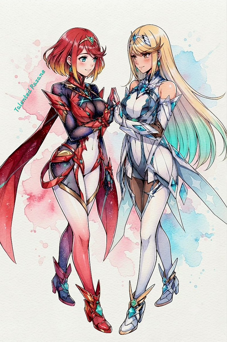 razane_royce's tweet photo. Just added a few touches for fun, not to take away from the characters’ magnificence. ✨❤️‍🔥#Xenoblade2 #ゼノブレイド2 #ホムラ #Pyra #Mythra #XenobladeChronicles2 #FanArt #GameArt #Nintendo #MonolithSoft https://t.co/Eq1ivjgI5f