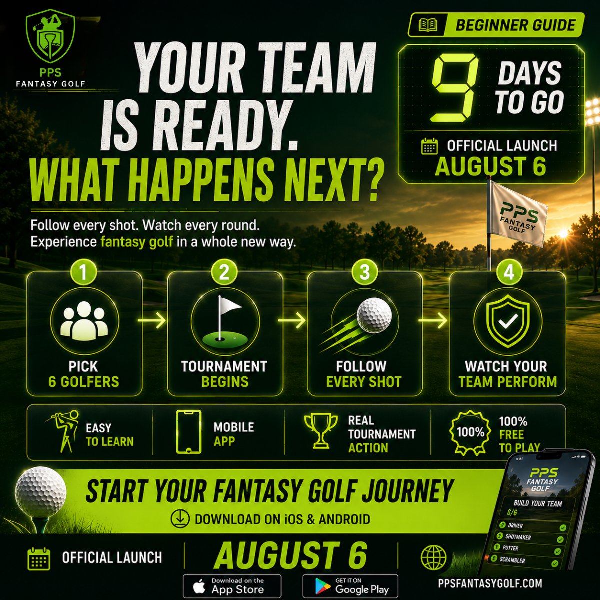 fantasygolfpps's tweet photo. Your team is ready... what happens next? ⛳

Pick your 6 golfers, follow every shot, and enjoy fantasy golf like never before.

📅 Official Launch: August 6
✅ 100% Free to Play
📱 Available on iOS &amp; Android
🌐 https://t.co/Ul0dnsIksb https://t.co/6ymkhfQuI2