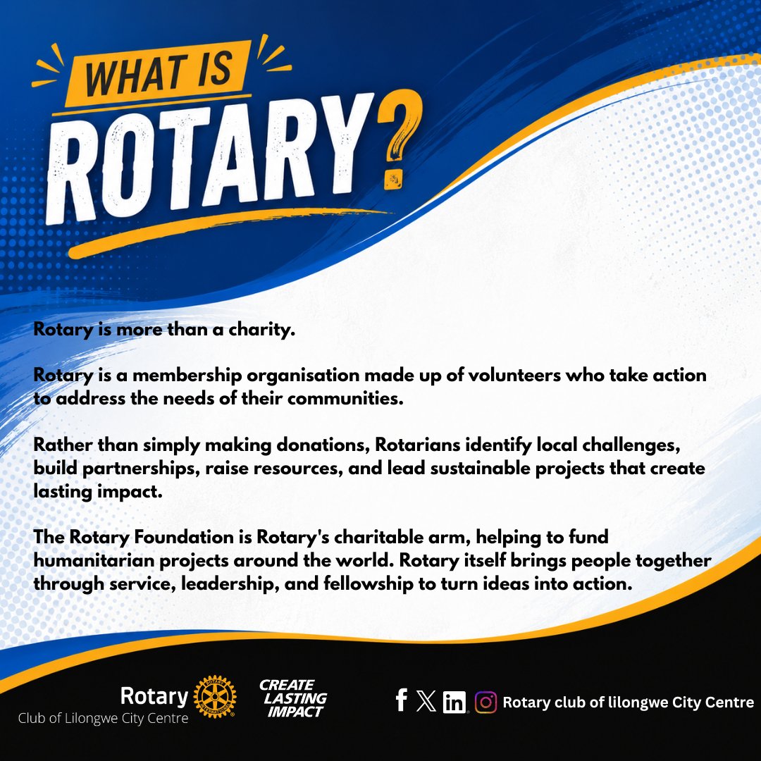 LCCRotary's tweet photo. Demystifying Rotary: a new series designed to answer your questions and challenge common misconceptions.
#DemystifyingRotary #RotaryExplained #RotaryClubLilongweCityCentre #RotaryInternational #PeopleOfAction #ServiceAboveSelf https://t.co/jlEQV818gp