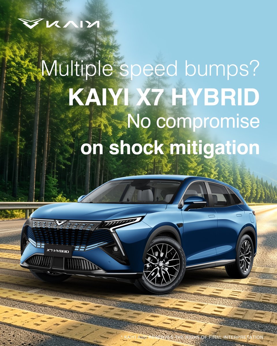 KaiyiGlobal's tweet photo. Multiple speed bumps? No compromise on shock mitigation.
The Kaiyi X7 Hybrid features finely tuned shock absorbers and suspension setup to dampen impact forces over bumpy sections, reducing body shake for composed travel.
#Kaiyi
#KaiyiAuto
#KaiyiX7Hybrid
#SUV https://t.co/Rx9jWSJZYj