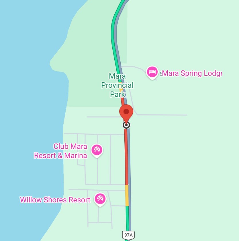 DriveBC's tweet photo. 📡⚠️ #BCHwy97A - Report of multiple structures on fire north of Hutchinson Road near Mara Provincial Park. Emergency responders are on scene. Use caution when navigating through the area. Traffic control crews have are en advised. 
#MaraBC #SicamousBC https://t.co/Fs510QOo2A