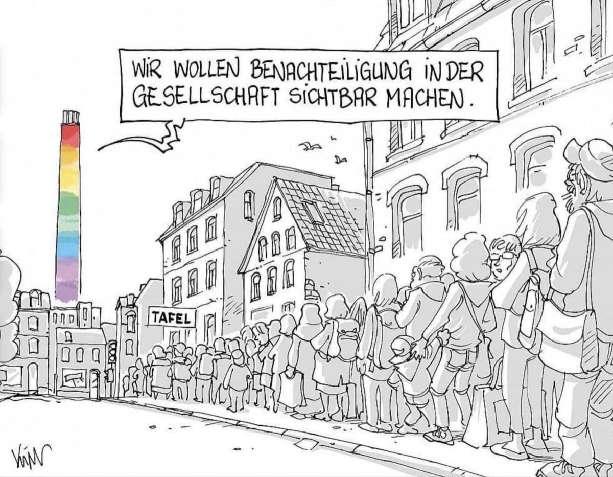 rosenbusch_'s tweet photo. Für diese Karikatur, hat Zeichner Kim Schmidt 2022 um Entschuldigung gebeten. “Zu polarisierend”. 

Ich denke eher: zu viel Wahrheit. Ein Volltreffer, mitten ins Herz einer verkommenen Linken. Entsprechend die Reaktionen.

Was „queer“ angeht waren Deutschland und der gesamte Westen bereits auf einem sehr gutem Weg, bevor diese staatlichen Mega-Kampagnen losgetreten wurden. Man muss dabei ja auch sehen woher wir kamen, welche Gesetze teilweise in den 60ern des vergangenen Jahrhunderts noch galten. Meine Eltern sind nicht ganz so tolerant, aber meine Generation (BJ 1975) hatte da wirklich keine Probleme mehr mit.

Große Teile der Linken sind nun mit Regenbögen beschäftigt. Das war der Plan. Umverteilungsgegner sollten sich eher freuen.