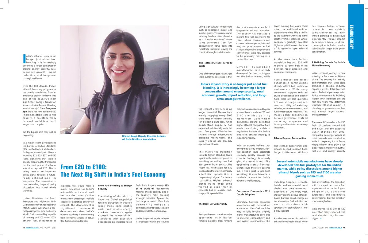 DistillersIndia's tweet photo. In the latest edition of Auto Track Magazine, Ms. Bharati Balaji, Deputy Director General, AIDA, explores ethanol's role in strengthening India's energy security, reducing import dependence and advancing sustainable mobility.

📖 Read the full article in Auto Track Magazine. https://t.co/02nwvQn8Wv