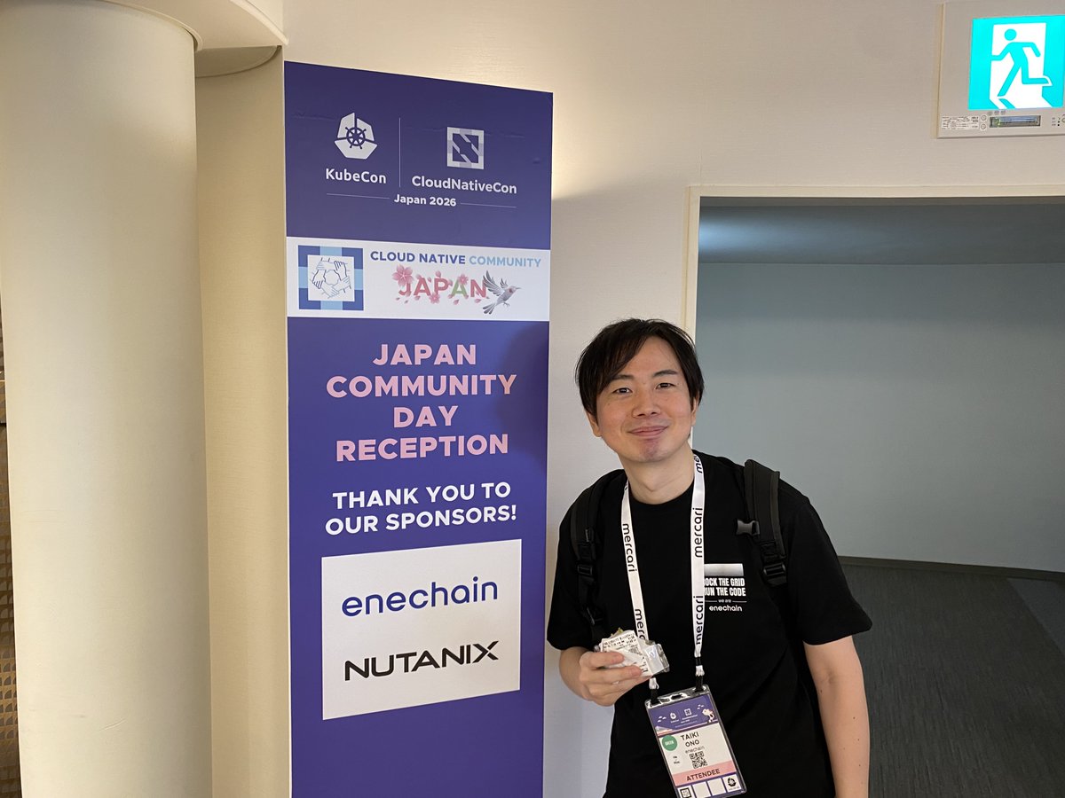 enechain_tech's tweet photo. 【本日】#JapanCommunityDay 2026 at KubeCon Japan 2026に、enechainはレセプションスポンサーとして参加しています📣

スポンサーLTには、@taiki45 Principal Software Engineerが登壇します。
（📍4F | 414+415 / 17:20〜 ）

コミュニティの皆さまと一緒にイベントを盛り上げていきます🔥
本日はどうぞよろしくお願いします。
#CNCJ #CNCF #KubeCon #KubeConJapan