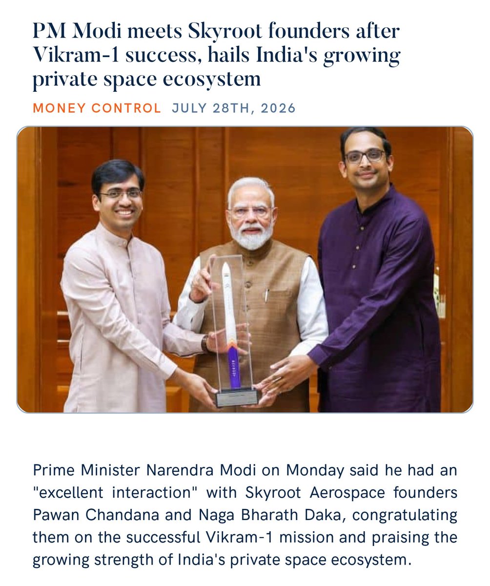 PMOIndia's tweet photo. PM @narendramodi meets @SkyrootA founders after Vikram-1 success, hails India's growing private space ecosystem
https://t.co/UMlS8m5DpI 

via NaMo App https://t.co/8eYyQMdO36
