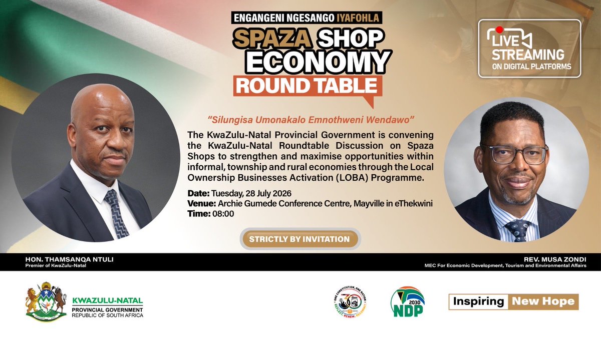 edtea_kzn's tweet photo. The Premier of KZN, Hon. Thamsanqa Ntuli, together with the MEC for @edtea_kzn , Rev Musa Zondi, is today leading the KwaZulu-Natal Round Table on Spaza Shops.
WATCH LIVE: https://t.co/kPxM3yLi3q
#EngangeniNgesangoIyafohla
#SpazaShops
#InclusiveEconomy
#KZNInspiringNewHope https://t.co/fvJeSces4Q