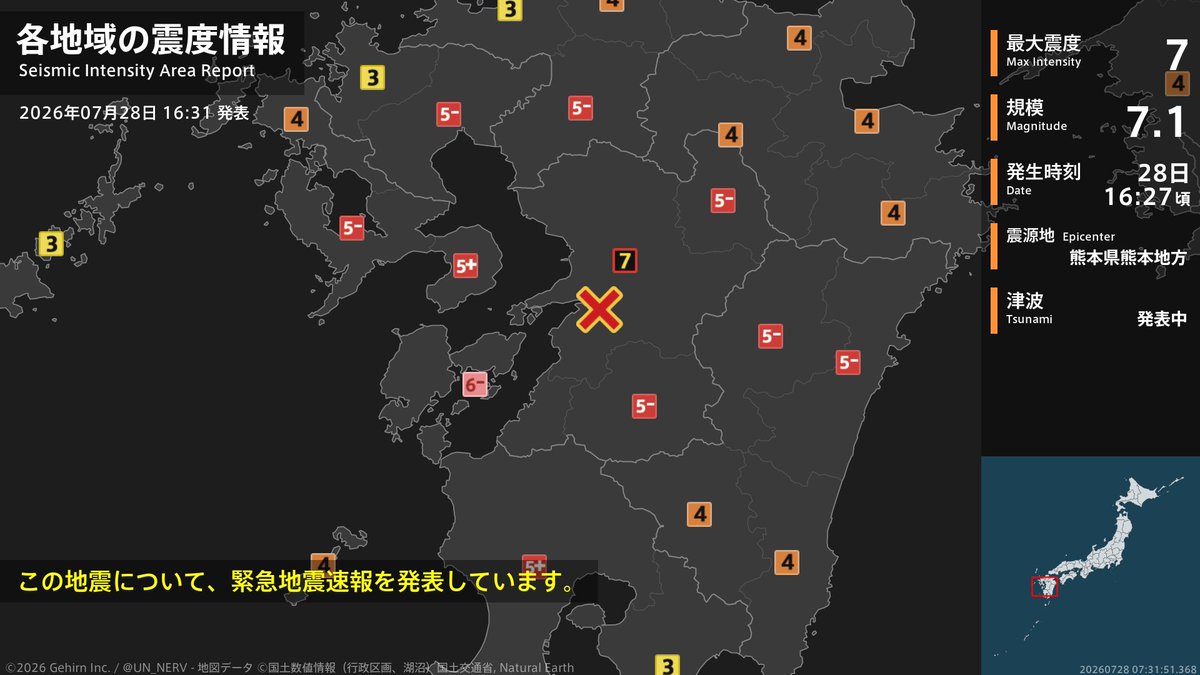 UN_NERV's tweet photo. 【地震情報 2026年7月28日】
16時27分頃、熊本県熊本地方を震源とする地震がありました。震源の深さは約10km、地震の規模はM7.1、最大震度7を熊本県で観測しています。津波注意報を発表中です。 https://t.co/MLcTbwI8gG