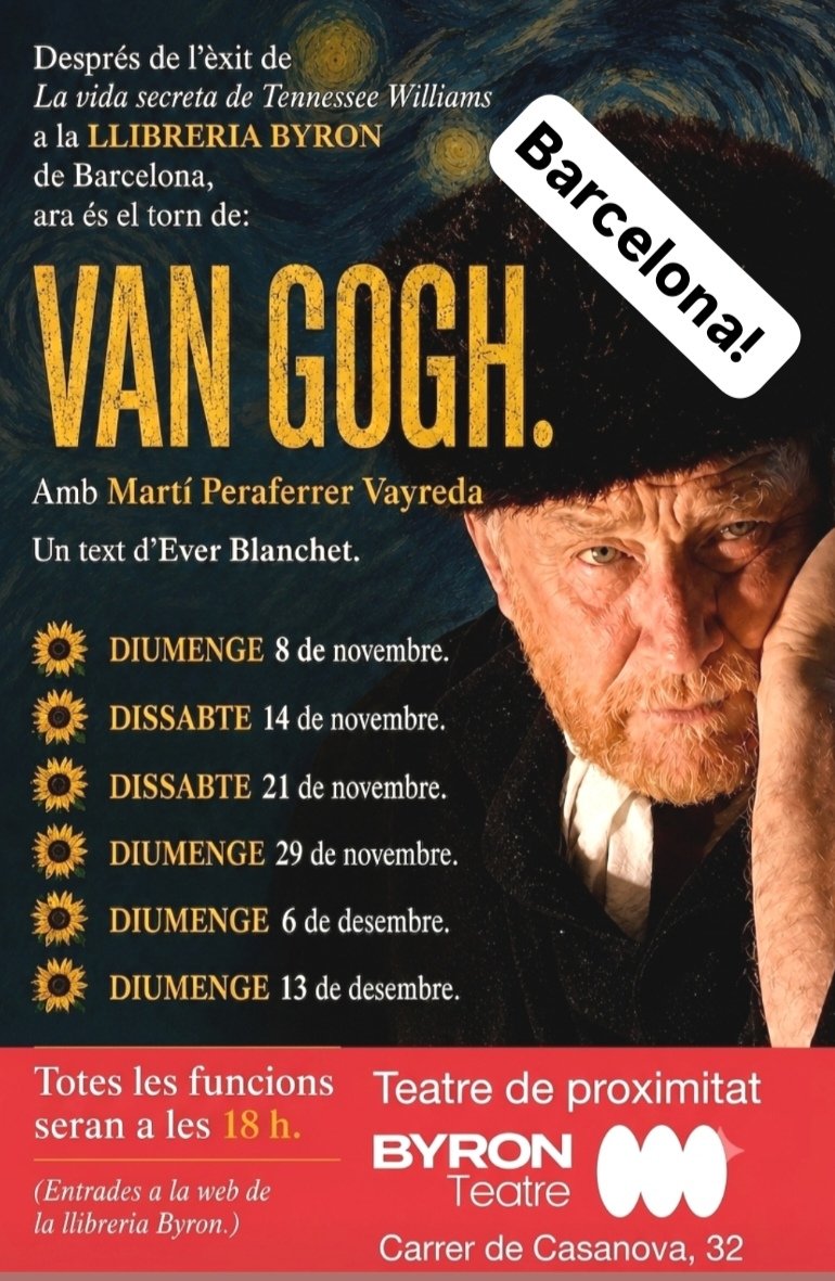 MPeraferrer's tweet photo. Ja ho podem dir! Estem molt contents! 
El VAN GOGH es podrà veure a Barcelona en format de proximitat Apunteu-vos les dates! 
Tornem a la nostra estimada Llibreria Byron Llibreria Byron del Carrer Casanova, 32.
Més info i contractació a : marti0203@gmail.com.
Cia. Teatre Blau. https://t.co/9hGWRDwevF