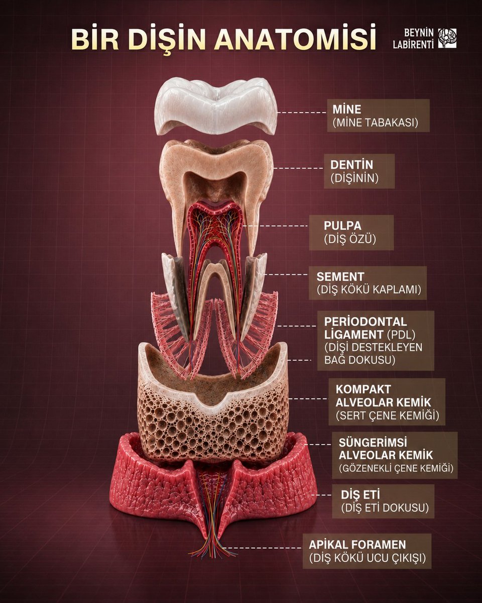 hakanakelma's tweet photo. 🦷🦷DİŞLERİMİZ;

🦷 Dişlerimiz, yalnızca çiğneme organı değildir. Ayrıca  vücudun geri kalanından bağımsız çalışan bir yapı da değildir.
📌Diş; %96 mineral içeren mine (enamel) ile insan vücudunun en sert dokusunu oluşturur.
📌 Altındaki dentin, milyonlarca mikroskobik tübül sayesinde sıcak, soğuk ve ağrıyı pulpadaki sinirlere iletir. Pulpa, dişin canlı merkezidir; kan damarları, sinirler ve bağışıklık hücrelerini içerir.

📌 Periodontal ligament ise dişi kemiğe sabitlerken çiğneme kuvvetlerini amortisör gibi dağıtır ve basıncı algılayan mekanoreseptörleriyle çiğneme kuvvetini milisaniyeler içinde düzenler.

📌Diş eti hastalıkları ise sadece ağızla sınırlı değildir. Ornegin Kronik periodontitis sırasında dolaşıma geçen bakteriler ve inflamatuvar mediyatörler; ateroskleroz, diyabet kontrolünün bozulması, gebelik komplikasyonları, romatoid artrit ve bazı nörodejeneratif hastalıklarla ilişkilendirilmiştir. 
Bu ilişki ağız sağlığının sistemik sağlık üzerindeki etkisi artık güçlü bilimsel kanıtlarla desteklenmektedir.

📌Daha az bilinen bir gerçekte ise şudur: Diş kaybı yalnızca estetik veya çiğneme sorunu değildir. Uzun süreli diş eksikliği çene kemiğinde rezorpsiyona yol açar; çiğneme fonksiyonunun azalması ise yaşlı bireylerde bilişsel gerileme ve yetersiz beslenme riskiyle ilişkilendirilmektedir.

‼️Dişlerinizi korumak; yalnızca gülüşünüzü değil, kalbinizi, metabolizmanızı, beyninizi ve yaşam kalitenizi de korumaktır.