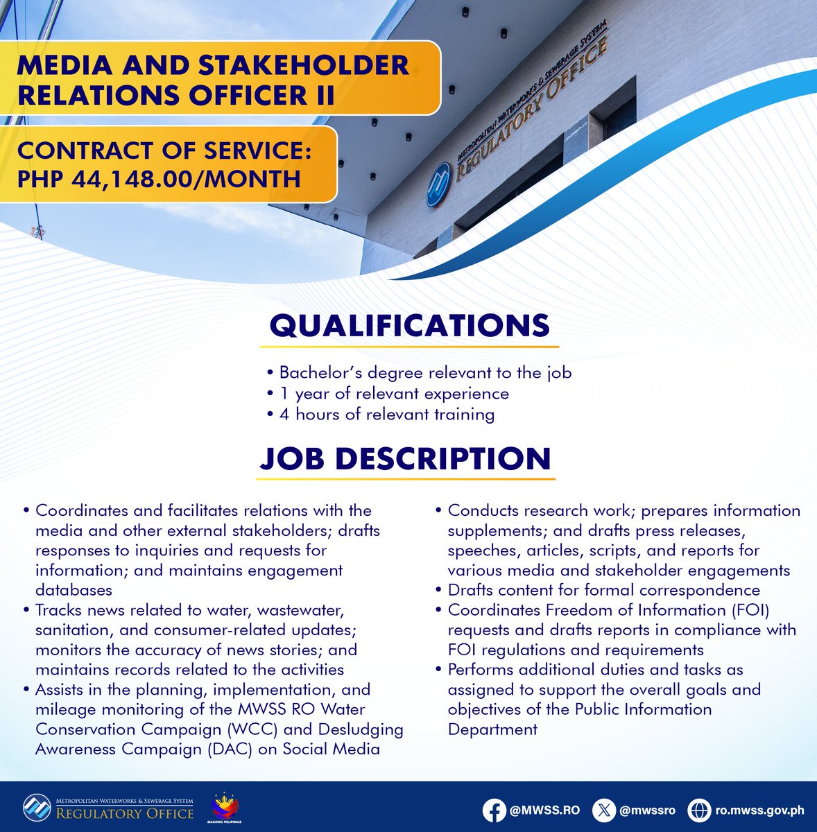 mwssro's tweet photo. The @mwssro  is hiring!

Open Position:

💧 Media and Stakeholder Relations Officer II
      (Contract of Service; PhP 44,148.00 /month)
      Application deadline (extended):  07 August 2026 https://t.co/sVnOQNLlox