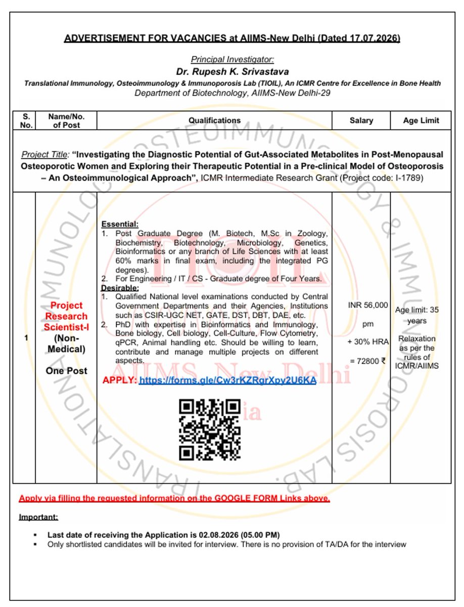 TIOILAIIMS's tweet photo. 🚨 We're Hiring!
📢 Vacancy: Project Research Scientist-I (Non-Medical)

📅Last Date to Apply: 02.08.2026 (05.00 PM)
👉Apply: https://t.co/1ITyMgK3LD
We are looking for enthusiastic candidates with a strong interest in translational research.
#ICMR #AIIMSDELHI #ResearchJobs https://t.co/oXzXc54tTH