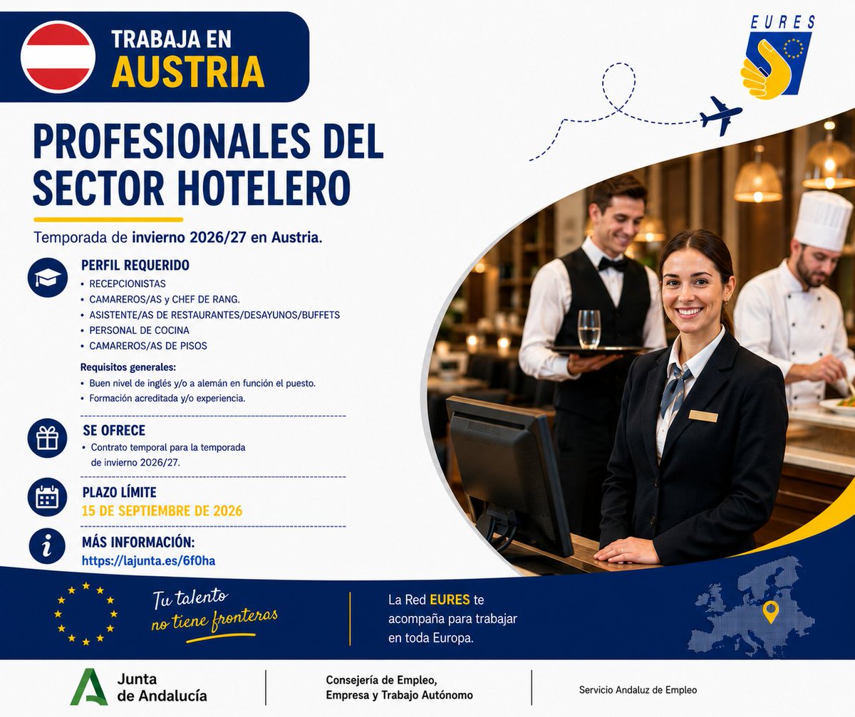 SAEmpleo's tweet photo. 🇦🇹 ¿Buscas trabajo en #Austria?
EURES selecciona profesionales para la temporada de invierno 2026/27 en el sector hotelero: recepción, sala, cocina y pisos
Se requiere inglés y/o alemán y experiencia o formación
📅 Hasta el 15/09
Más informaciónℹ️ https://t.co/4XVjRG0gHv https://t.co/nx0rciEjCh