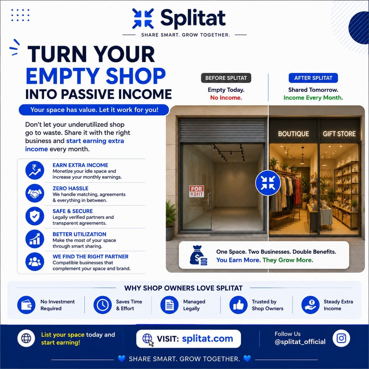 SplitatOfficial's tweet photo. Empty shop? Turn it into monthly income.
List your unused commercial space on Splitat, find the right business partner, and start earning without the hassle.
#Splitat #PassiveIncome #CommercialSpace #BusinessGrowth https://t.co/yzUVVxGVmA