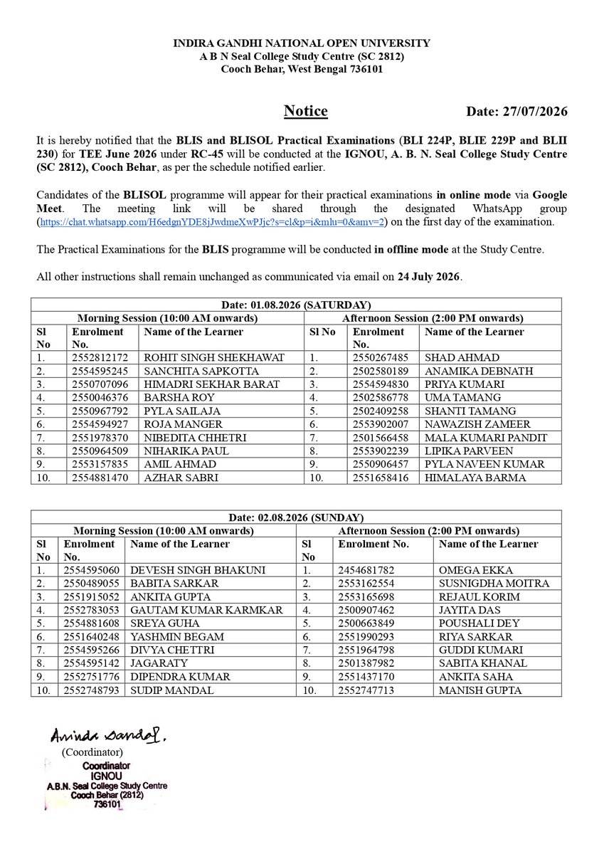 IGNOURCSILIGUR1's tweet photo. Notice for conducting BLIS and BLISOL (BLI 224, BLIE 229 and BLII 230) Practical Examinationas part of TEE June 2026 https://t.co/q3yi2DGq8T