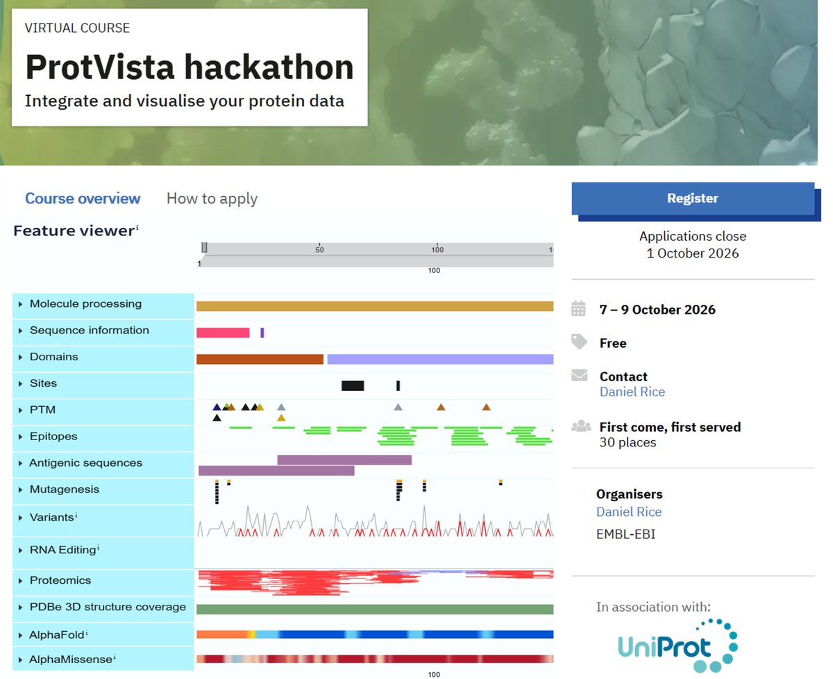 uniprot's tweet photo. There's still time to register for our ProtVista hackathon and work with our developers to co-design, customize and load your own data into ProtVista which powers the UniProt feature viewer.
7th to 9th October 2026
Registration is free but essential: https://t.co/xfGaKN8CE4 https://t.co/vAUbc5OO6z