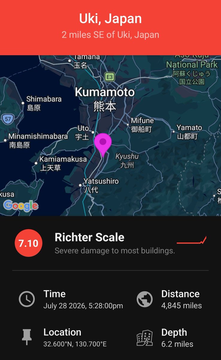 ChynoNews's tweet photo. 🔴Large Preliminary Magnitude 7.1 earthquake strikes near Uki in Japan. https://t.co/DuxK6Kw8gY