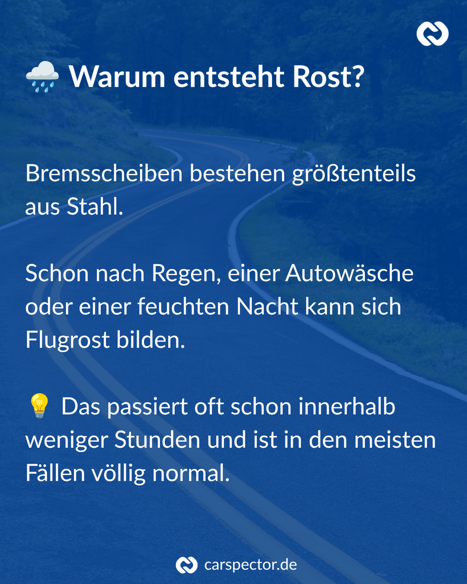 carspector's tweet photo. Rost auf der Bremsscheibe? 😳
Keine Panik, leichter Flugrost ist nach Regen oder einer Autowäsche völlig normal und verschwindet meist nach wenigen Bremsungen.
#carspector #auto #autowissen #bremsen #bremsscheiben #rost #autotipps #wartung #gebrauchtwagen #carcontent #kfz #wow https://t.co/ZCUOt6krED