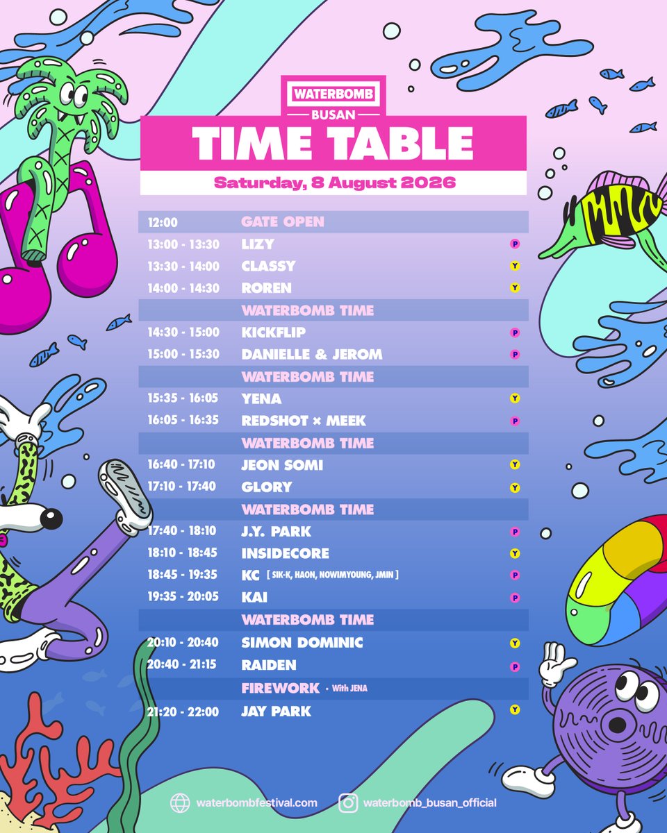 waterbomb_seoul's tweet photo. This summer, Busan is bringing the ultimate dopamine rush 🔥💦
Check your favorite artist's schedule 📍
and create your own perfect WATERBOMB plan! ✨

WATERBOMB BUSAN 2026
✅ Date: August 8, 2026 (Sat)
✅ Ticket Purchase: Click the link in the bio of @waterbomb_busan_official
✅ Venue: Lotte World Adventure Busan Parking Lot

📌 Notice
• Once tickets for the current round are sold out, the next ticket round will automatically open without prior notice, and the ticket price will increase.
• A maximum of 4 tickets can be purchased per person.

#WATERBOMB #WATERBOMB2026 #WATERBOMBBUSAN