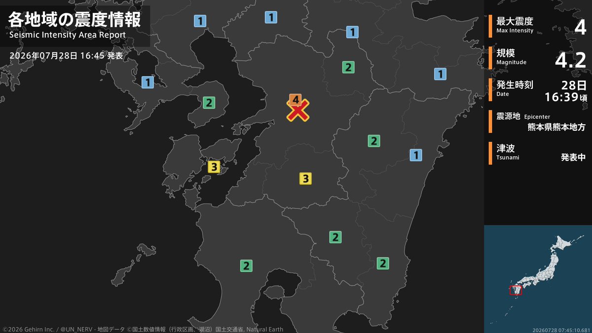 UN_NERV's tweet photo. 【地震情報 2026年7月28日】
16時39分頃、熊本県熊本地方を震源とする地震がありました。震源の深さは約10km、地震の規模はM4.2、最大震度4を熊本県で観測しています。津波注意報を発表中です。 https://t.co/pM5bUqewSz