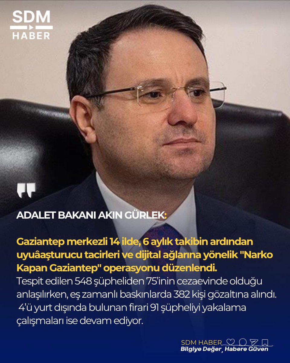 SDMHaber's tweet photo. Adalet Bakanı Akın Gürlek:

— Gaziantep merkezli 14 ilde, 6 aylık takibin ardından uyuşturucu tacirleri ve dijital ağlarına yönelik "Narko Kapan Gaziantep" operasyonu düzenlendi.

— Tespit edilen 548 şüpheliden 75’inin cezaevinde olduğu anlaşılırken, eş zamanlı baskınlarda 382 kişi gözaltına alındı. 

— 4’ü yurt dışında bulunan firari 91 şüpheliyi yakalama çalışmaları ise devam ediyor.